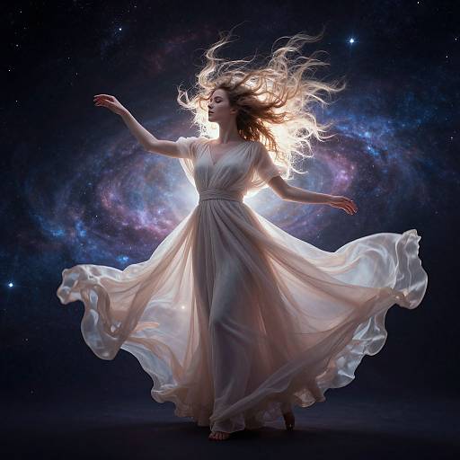 Photograph-like digital art of a woman in a flowing white dress, illuminated from behind, with hair and dress billowing, against a cosmic, star