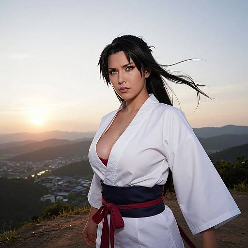 Photograph of a confident woman with long black hair, wearing a white karate gi with a deep neckline, black belt, and red sash,