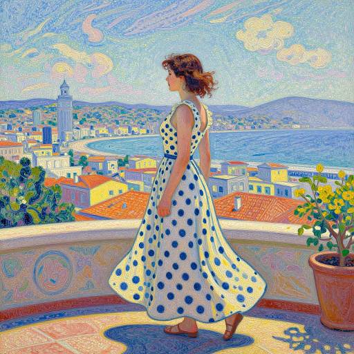 Digital painting of a woman in a white polka dot dress, standing on a balcony overlooking a colorful coastal town.