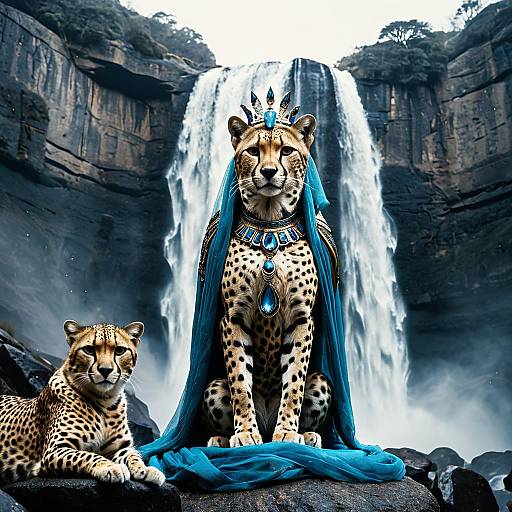 Cheetah Goddess with Blue Veil at Waterfall