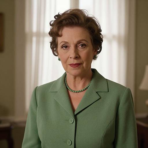 Photograph of an older woman with short, curly brown hair, wearing a green blazer and matching beaded necklace, standing in front of a softly
