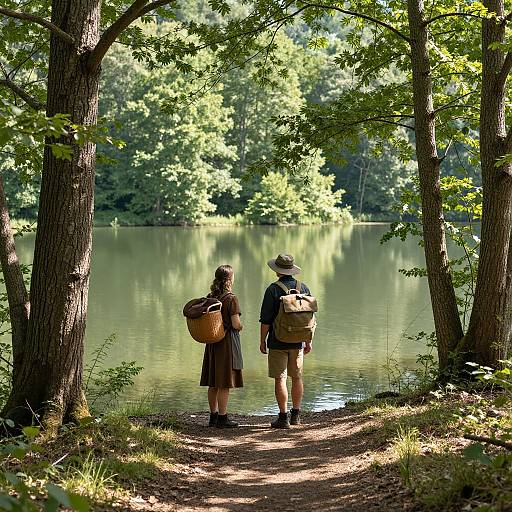 Photograph of a couple with backpacks standing on a forest path, facing a serene, tree-lined lake, dappled sunlight filtering through leaves.