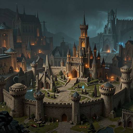 Digital fantasy artwork of a grand, illuminated medieval castle complex at night, featuring dark stone architecture, glowing windows, and blue-lit towers.