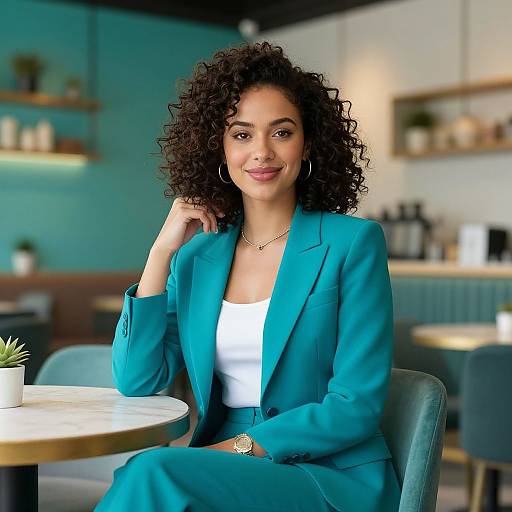 Photograph of a curly-haired woman with medium brown skin, wearing a teal blazer and white top, sitting at a cafe table, smiling, with
