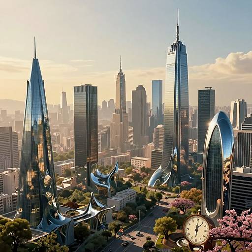 Photorealistic CGI of a futuristic cityscape featuring sleek, reflective skyscrapers, including a tall, pointed One World Trade Center and a distinctive,