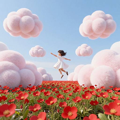 Digital art: Anime-style girl in white dress jumps joyfully in field of red flowers, surrounded by fluffy pink clouds against a bright blue sky.