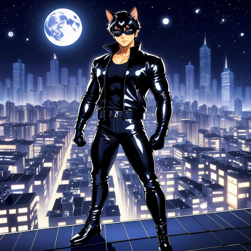 Heroic Cat Burglar on a Moonlit Rooftop