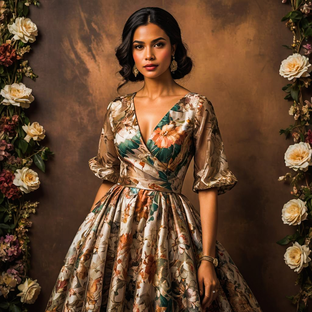 Elegant Mediterranean Woman in Floral Gown