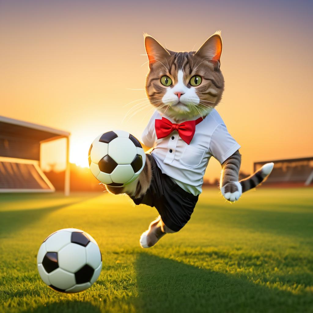 Playful Cat with Bowtie Playing Soccer