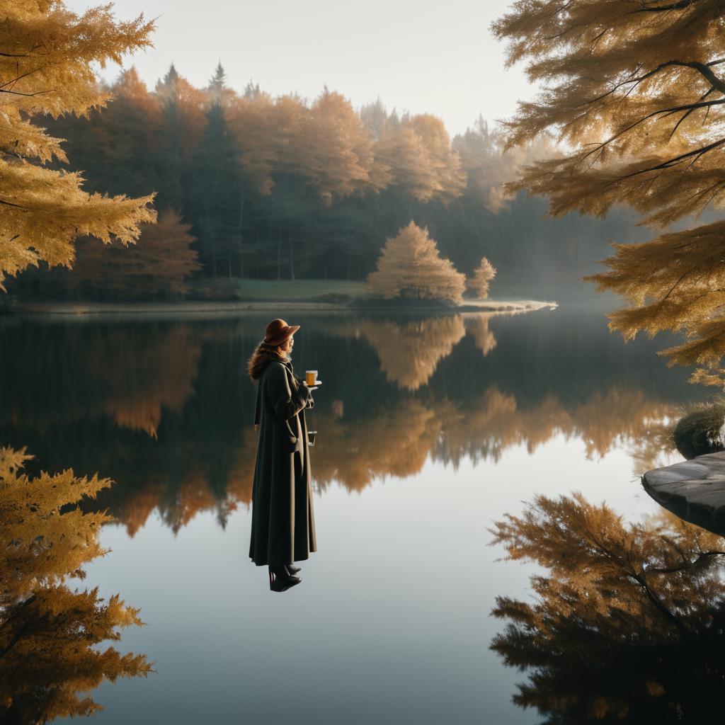 Serene Autumn Lake with Woman and Tea