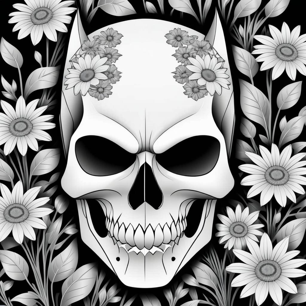 Grayscale Batman Skull with Wildflowers