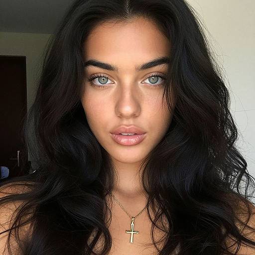Photograph of a young woman with long black hair, piercing blue eyes, light skin, wearing a gold cross necklace, staring directly into the camera with