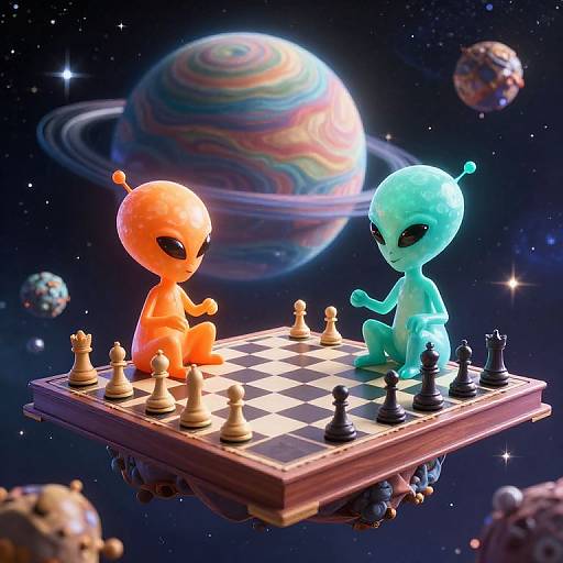 Whimsical Aliens Playing Chess in Space