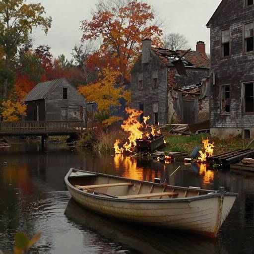 Cinematic Autumn Rowboat in Ruins