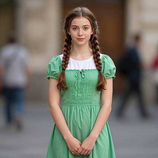Photograph of a young Caucasian girl with long brown braids, wearing a green dress with white collar, standing on a city street with blurred background and