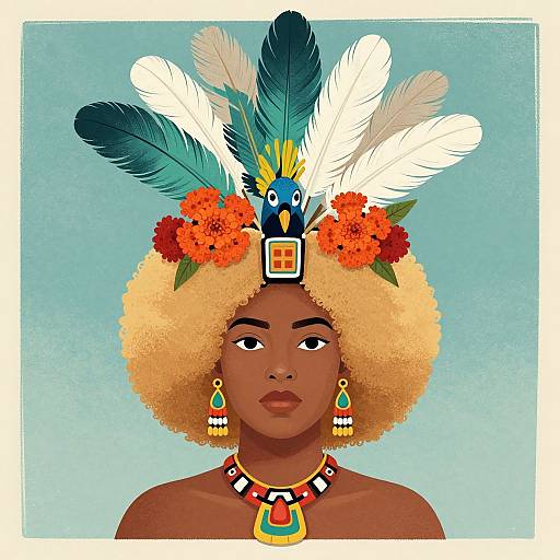 Digital illustration of a dark-skinned woman with curly blonde hair, wearing a colorful feathered headdress, orange flowers, turquoise earrings, and a geometric