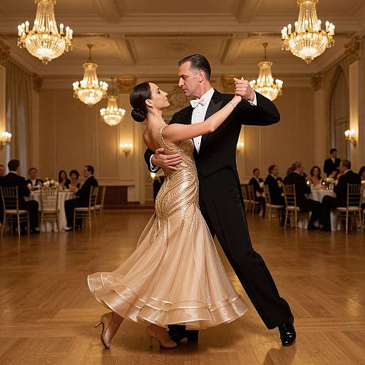 Photograph of a dancing couple in a luxurious ballroom, the woman in a gold, floor-length, sparkling dress and the man in a black t