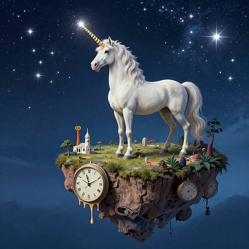 Digital artwork of a white unicorn with a golden horn standing on a floating island with clocks, church, and stars in a night sky.