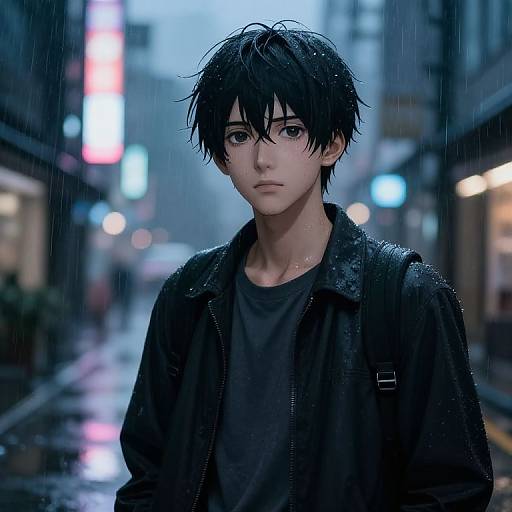 Digital anime-style drawing of a young, wet-haired, and serious-looking boy in a dark jacket, standing in a rainy, neon-lit urban alley