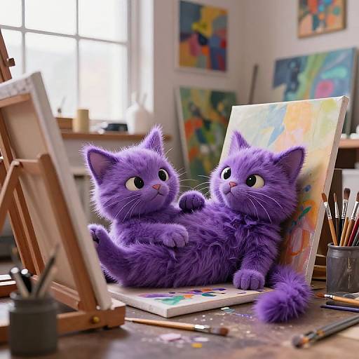 Photorealistic CGI of two cute, fluffy purple kittens lounging in an artist's studio, surrounded by paintbrushes, canvases, and a