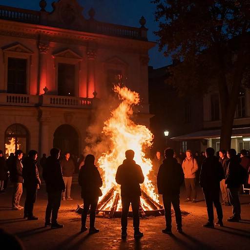 Vivid Night Gathering by a Fiery Blaze