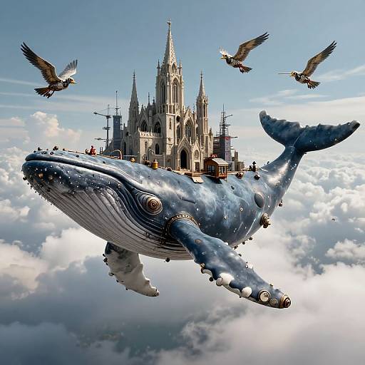 Fantastical digital artwork of a whale with a gothic castle on its back, soaring through a cloudy sky with three flying birds.