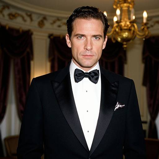 Photograph of a handsome, fair-skinned man with dark hair, wearing a black tuxedo, white dress shirt, black bow tie, and