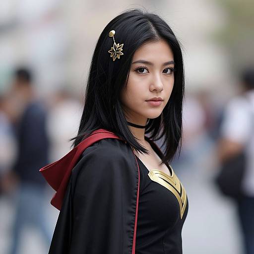 Photograph of an Asian woman with black hair, gold hairpin, black choker, black and gold costume, and red cape, standing in a