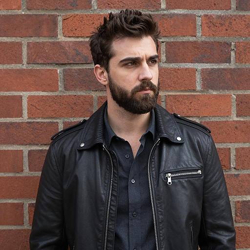 Serious man in leather jacket by brick wall