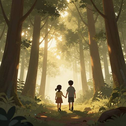Digital anime-style illustration of two children, one girl and one boy, holding hands, walking through a sunlit, misty forest with towering trees.