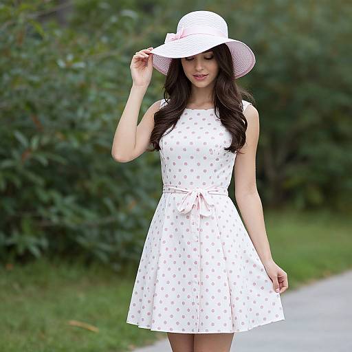 Photograph of a young woman with long, wavy dark hair, wearing a white polka dot dress, white sunhat, and pink bow,