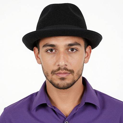 Photograph of a young man with light olive skin, brown eyes, mustache, and short beard, wearing a black hat and purple shirt, against