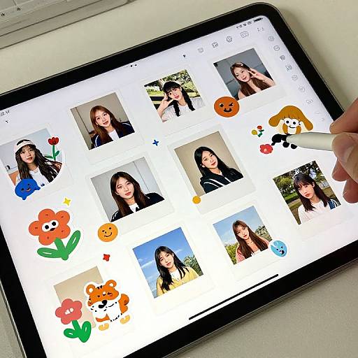 Photograph of a tablet displaying a grid of various women's selfies interspersed with colorful emoji stickers, with a hand touching the screen.