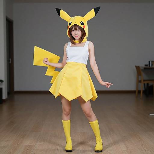 Photograph of a woman in a Pikachu cosplay: white sleeveless top, yellow skirt, yellow boots, Pikachu hood with ears, holding a yellow lightning