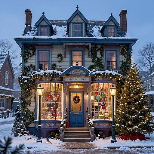 Photograph of a snow-covered, Victorian-style house at twilight, adorned with Christmas lights, garlands, wreaths, and warmly lit windows, showcasing