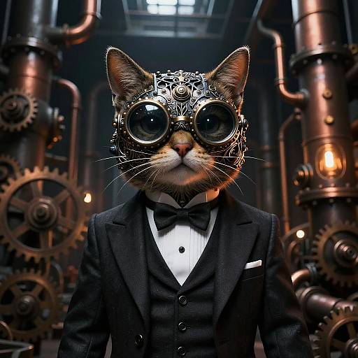 Photorealistic digital art of a cat in a black tuxedo and ornate goggles, standing in a steampunk industrial setting.
