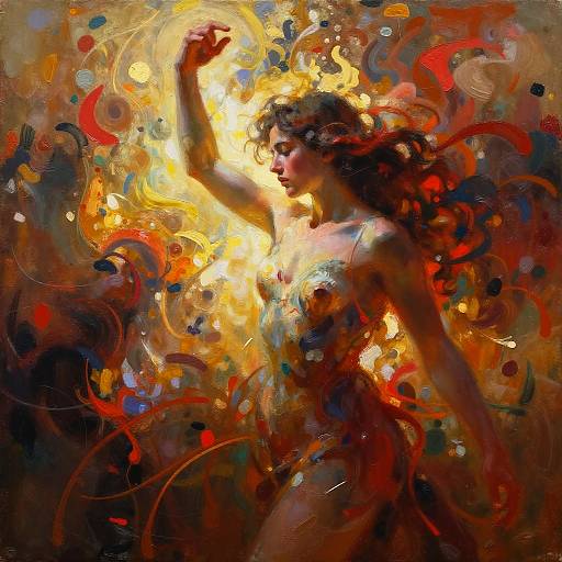 Digital painting of a nude, dark-haired woman with raised arm, surrounded by swirling, vibrant abstract patterns in yellow, red, and blue.
