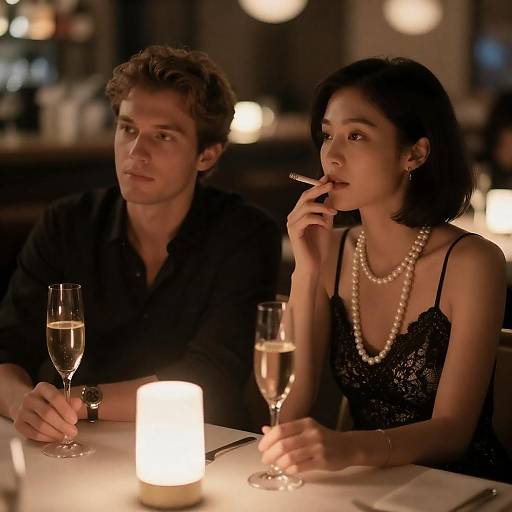 Couple in dimly lit restaurant with champagne