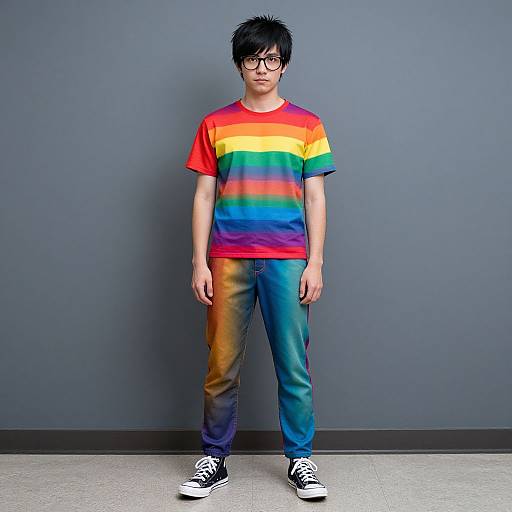 Photograph of a young Asian man with black hair and glasses, wearing a rainbow-striped shirt and multicolored jeans, standing against a gray wall.