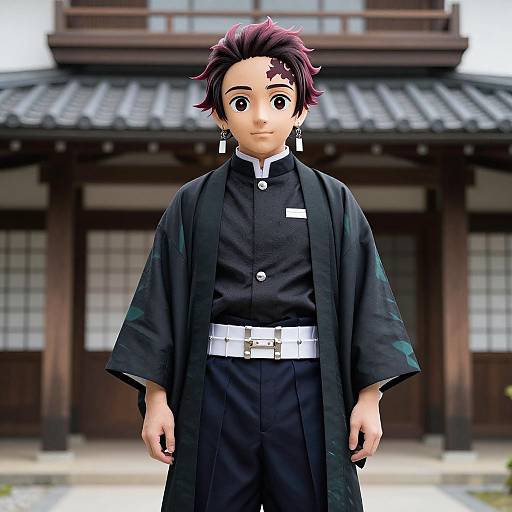 Digital anime-style drawing of a young man with short, spiky dark purple hair, wearing a black kimono with a white belt, standing in front