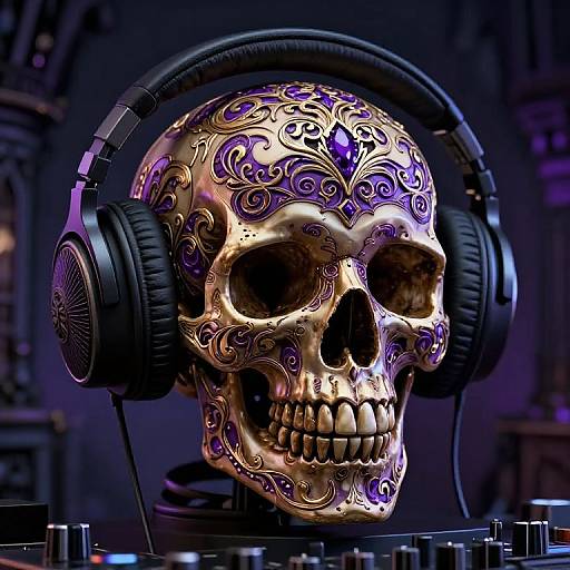 Digital artwork of a golden, intricately patterned skull with purple swirls, wearing black headphones, set against a dark, futuristic background.