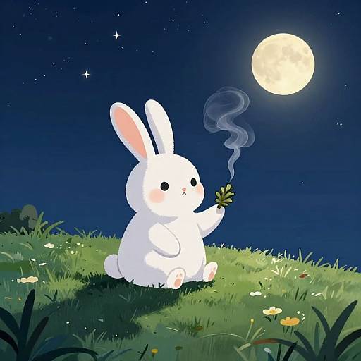 Digital illustration of a white bunny with pink ears, holding a smoking clover under a full moon in a starry night sky, sitting on a grass