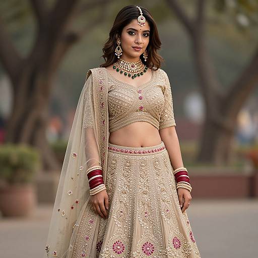 Photograph of a South Asian woman in an ornate cream and pink traditional lehenga, adorned with jewelry, standing outdoors among trees.