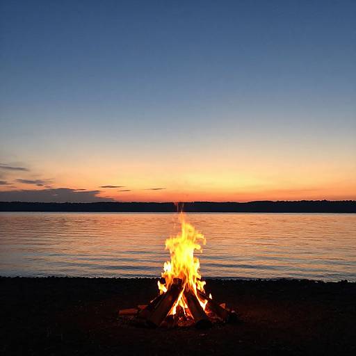 Photograph of a vibrant campfire with bright orange flames, set against a serene twilight sky and calm lake, with a dark horizon line in the background