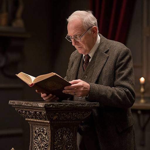 Photograph of an elderly man with white hair and glasses, wearing a brown tweed suit, reading an old book at an ornate wooden lectern