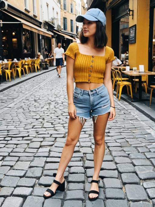 Young Woman on Cobblestone Street in Casual Summer Outfit