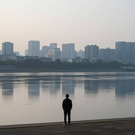 Silhouetted man standing on waterfront pier, facing city skyline with reflective water at dawn; photograph with soft, muted colors.