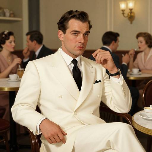 Photograph of a handsome man with dark hair, in a white suit and black tie, sitting in a vintage café, with elegant patrons in the background