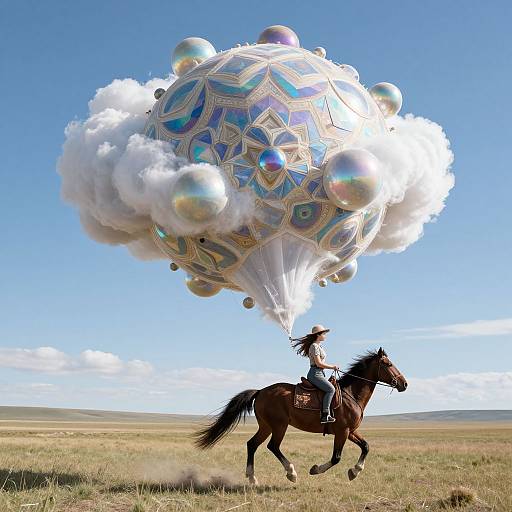 Photograph of a cowboy in a wide-brimmed hat riding a brown horse, carrying an ornate, iridescent, cloud-like balloon over