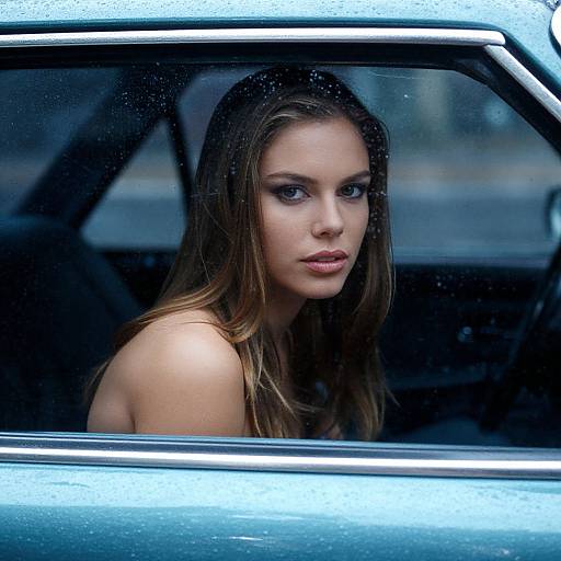 Photograph of a beautiful, long-haired woman with blue eyes, looking out a rain-streaked car window, wearing no visible clothing, with a